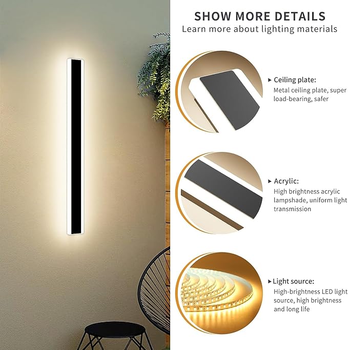Mikeru Modern Wall Light, 3000k-6000k Dimmable Sconce 23.6inch Black Exterior Light With Remote Control, IP65 Waterproof Anti-Rust Linear Long Porch Light Outdoor