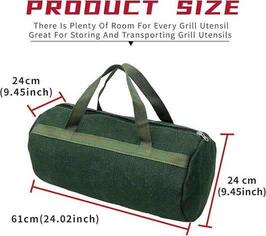 Grill Accessory Storage Bag, 24"" Extra Thick Canvas Grill Utensil Storage Bag, Double Zipper Grill Tool Storage Bag, BBQ Tool Storage Bag Carry Bag for Camping Hiking Barbecue, Dark Green