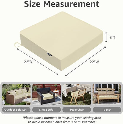 PatioGlow Outdoor Chair Cushions 22 x 22 x 3 Inch, Waterproof & Fade Resistant Patio Seat Cushion for Furniture with Handle and Ties, Thick Seating Pads for Outside Sofa Couch Set of 2, Beige