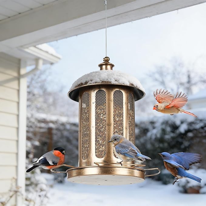 Bird Feeder, Large Capacity Bird Feeders for Outdoor Hanging, Heavy Duty Metal Wild Birdfeeder for Outside Garden Yard Decor, Retro Lantern Shape