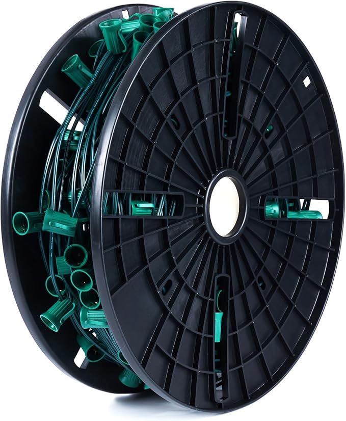 Brightown Commercial 250 FT C9 Christmas Light Sockets Set Spool, C9 Christmas Stringer Bulk Reel, C9 E17 Candelabra Base, SPT-1 8-Awg, Green Wire