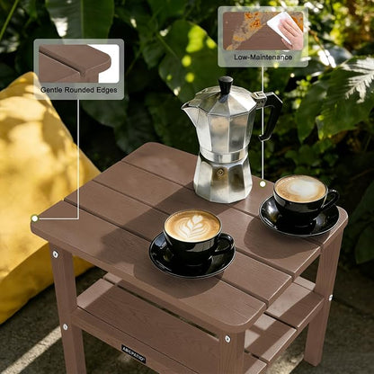 Outdoor Side Table HDPE Small Outdoor End Table Patio Side Tables Square for Backyard Pool Porch Balcony Double Layer Storage, Brown (Wood Grain Finish)