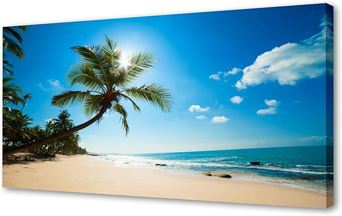 Muolunna ARX0698 Large Canvas Wall Art Summer Ocean Waves Prints Coconut Trees Beach Seascape Painting Hawaii Sea Nature Pictures Stretched and Framed for Living Room Home Office Wall Decor