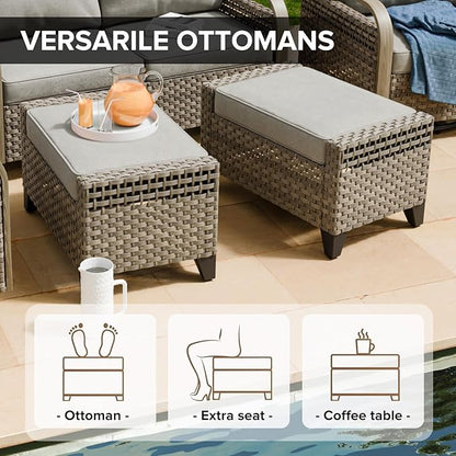 COOS BAY Modern Wicker Outdoor Furniture Set, Patio Conversation Set with Swivel Rockers, 2 Seat Loveseat, and Ottomans, 5 Piece, Brown/Gray