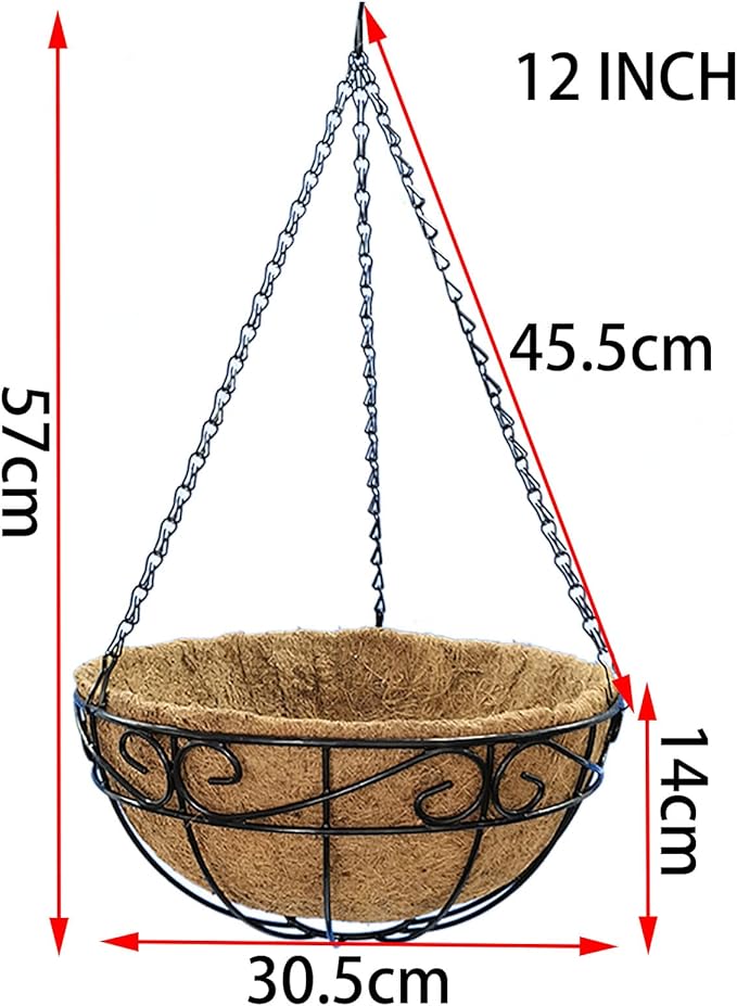 12 inch Metal Hanging Baskets For Plants Outdoor 4 Pack Round Metal Wire Hanging Basket Planter with Coco Fiber Liners Chain Round Wire Plant Holder for Garden, Patio, Deck, Porch Plants Flower Potss