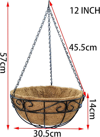 12 inch Metal Hanging Baskets For Plants Outdoor 4 Pack Round Metal Wire Hanging Basket Planter with Coco Fiber Liners Chain Round Wire Plant Holder for Garden, Patio, Deck, Porch Plants Flower Potss