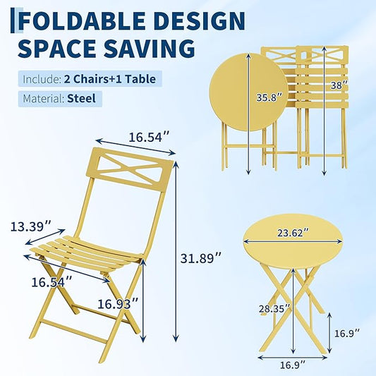 Outdoor Round Bistro Set 3 Piece, Yellow Iron Patio Furniture Set with Round Table & 2 Chairs, Foldable Steel Backyard Deck Porch Garden Furniture, Space Saving Outdoor Dining Set for Small Spaces