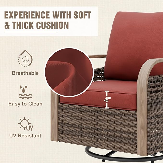 Modern Wicker Patio Furniture Set, Rattan Outdoor Conversation Set with Comfortable Cushions, 2 Swivel Rocking Chairs, 2 Seat Loveseat and 2 Ottomans, 5 Pieces, Brown/Red