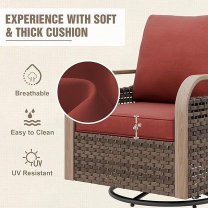 Modern Wicker Patio Furniture Set, Rattan Outdoor Conversation Set with Comfortable Cushions, 2 Swivel Rocking Chairs, 2 Seat Loveseat and 2 Ottomans, 5 Pieces, Brown/Red