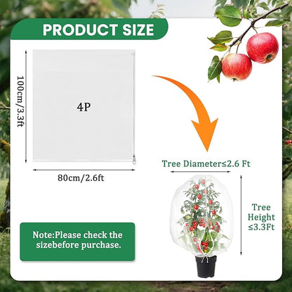 Bird Netting for Garden Protection, Insect Netting Pest Barrier Mesh Cover Bag with Zipper & Drawstring 4 Pack 2.6x3.3 Ft Reusable Garden Fruit Tree Netting for Vegetables, Bushes, Flowers and Plants