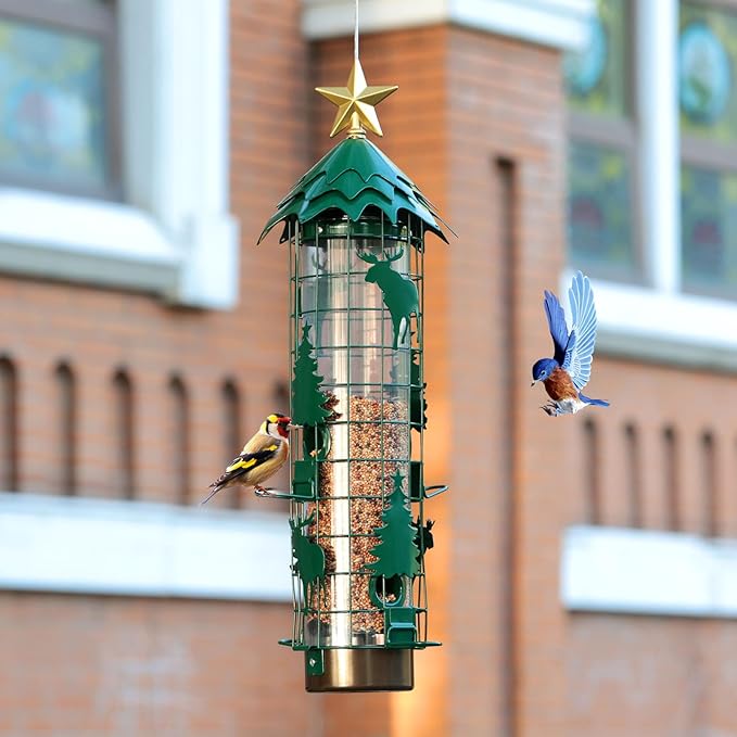 Squirrel Proof Bird Feeders for Outdoors Anti Squirrel Buster Hanging Metal Mesh Wild Bird Seed Feeder with Weight-Activated Perches, 4 Feeding Ports, 2.5LB Capacity, Green