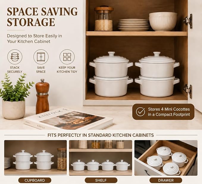 Mini Dutch Oven Set of 4, 14 oz Ceramic Mini Dutch Ovens with Lids and Handles, Ramekins with Lids for French Onion Soup, Pot Pies, Soufflés and Baked Desserts, Oven Safe, Microwave and Dishwasher Safe, Mini Cocotte