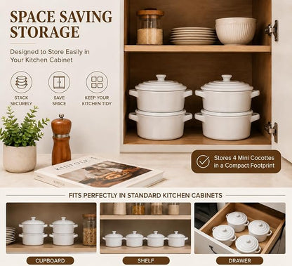Mini Dutch Oven Set of 4, 14 oz Ceramic Mini Dutch Ovens with Lids and Handles, Ramekins with Lids for French Onion Soup, Pot Pies, Soufflés and Baked Desserts, Oven Safe, Microwave and Dishwasher Safe, Mini Cocotte