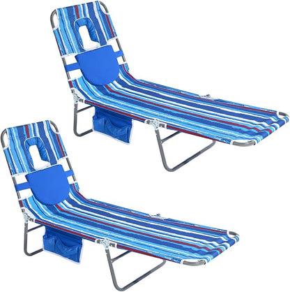 SUNNYFEEL Lay Flat Tanning Chair 2 Pack with Face Down Hole & Arm Slots, Beach Lounge Chair, 5-Position Folding Sunbathing Chair, 300 LBS Heavy Duty, 72" L x 22" W for Beach, Pool, Camping