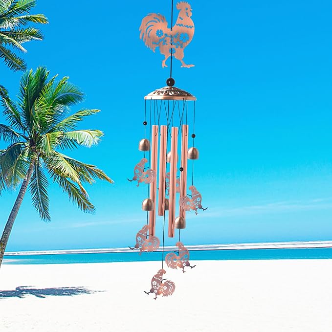 Outside Brass Rooster Wind Chimes – Handcrafted with Deep Melodic Tone, Christmas/Birthday Decor for Garden & Patio Lovers, Unique Housewarming Present for Outdoor Spaces