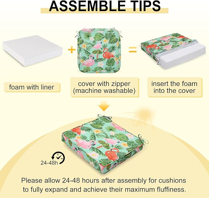 downluxe Outdoor Chair Cushions Set of 4, Waterproof 19" x 19" x 3" Patio Chair Cushion with Non-Slip Ties & Handle, Square Outdoor Cushion for Patio Furniture with Removable Cover, Tropical Flamingo