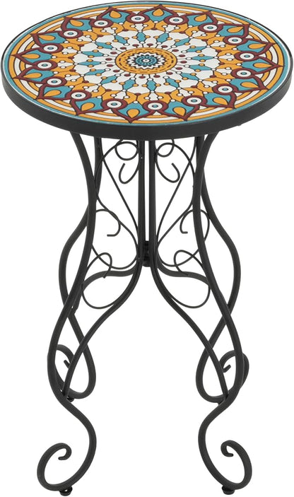 Merax Patio Side Table for Small Space, 22.45" Height Metal Outdoor Indoor Round Side Table, French Country Style, Floral Design Small End Table for Yard Porch Balcony Garden, Brown+Black