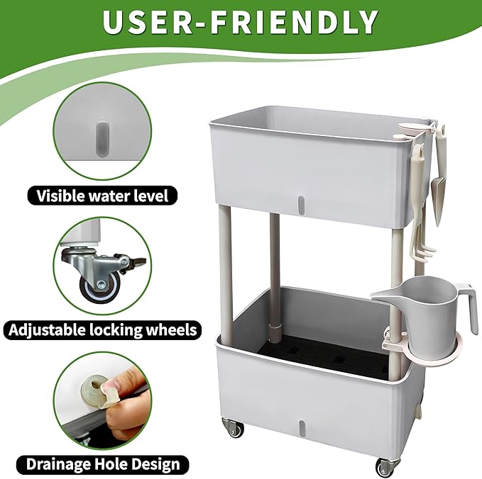 MNKXL Self-Watering Raised Planter Box with Lockable Wheels,2-Tier Elevated Garden Bed with Visible Water Level Window,Indoor Outdoor Plastic Plant Box for Flowers,Vegetables & Herbs