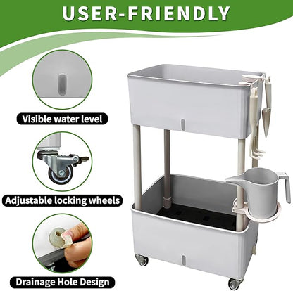 MNKXL Self-Watering Raised Planter Box with Lockable Wheels,2-Tier Elevated Garden Bed with Visible Water Level Window,Indoor Outdoor Plastic Plant Box for Flowers,Vegetables & Herbs