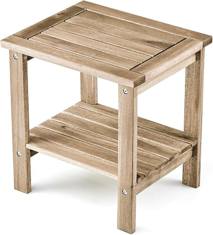 THYOI Premium Acacia Wood Outdoor Side Table, Adirondack Square Patio End Table with 2-Tier Storage Shelf, Weather-Resistant Small Table for Porch, Garden, Backyard, Poolside (White)