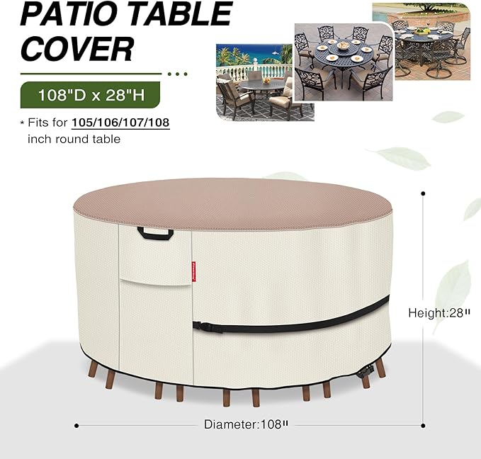 Porch Shield Round Patio Furniture Cover - Waterproof 600D Heavy Duty Outdoor Table and Chairs Cover 108 inch, Light Tan & Khaki