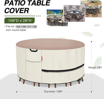 Porch Shield Round Patio Furniture Cover - Waterproof 600D Heavy Duty Outdoor Table and Chairs Cover 108 inch, Light Tan & Khaki