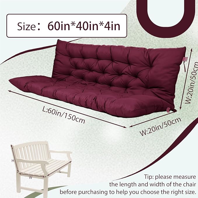 2/3 Seater Swing Replacement Cushion, Waterproof Porch Swing Cushions with Backrest, Thickened Bench Cushions for Outdoor Furniture, for Outdoor Patio Swing (Claret Red, 60 * 40 in)