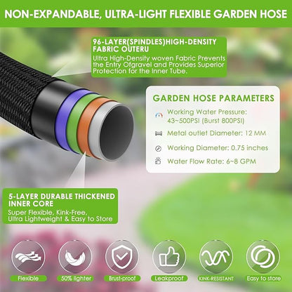 Garden Hose 100 ft, Non-Expandable Ultra-Lightweight Flexible Hose with 360° Dual-End Anti-Kink Design, 10-Pattern Spray Nozzle, 500 PSI Leak-Proof, 96-Strand Braided Fabric, Storage Strap