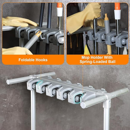 Mobile Mop and Broom Holder，Efficient Storage Solution for Cleaning Tools Keep Your Tools Handy and Organized