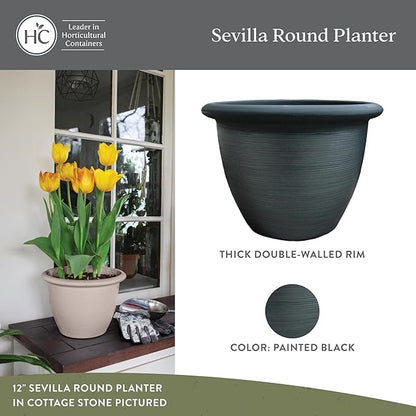 The HC Companies Sevilla Flower Planters - Durable Outdoor & Indoor Planter - Round Lightweight Self Watering Plant Pots for Herbs & More (9" Painted Black, Pack of 1)