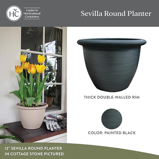 The HC Companies Sevilla Flower Planters - Durable Outdoor & Indoor Planter - Round Lightweight Self Watering Plant Pots for Herbs & More (9" Painted Black, Pack of 1)