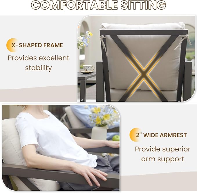 UDPATIO Rocking Chair Outdoor Set 2 with Coffee Table, 3 Piece Metal Rocking Bistro Set with 6.5" Water-Resistant Cushions, Oversized, 350lbs Heavy-Duty, for Porch, Patio, Balcony, Beige