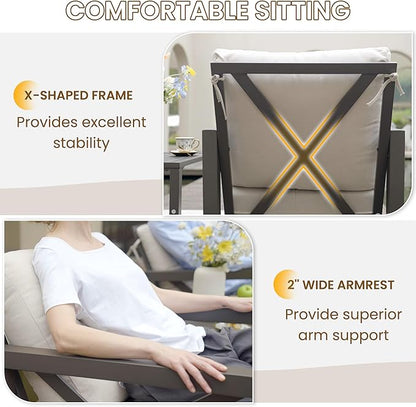UDPATIO Rocking Chair Outdoor Set 2 with Coffee Table, 3 Piece Metal Rocking Bistro Set with 6.5" Water-Resistant Cushions, Oversized, 350lbs Heavy-Duty, for Porch, Patio, Balcony, Beige