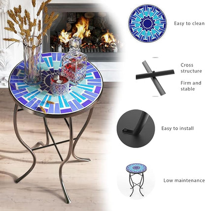 FROMJBEST Mosaic Outdoor Side Table, Patio Side Table, Weather Resistant 14" Diameter 21" H Ceramic Tile Round Outside Table for Patio, Porch, Garden, Pool, Indoor&Outdoor,Plant Stand (Vortex)