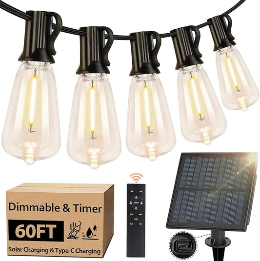 Bosceos Solar Outdoor String Lights Waterproof, 60FT Solar Powered String Lights for Outside with Shatterproof Bulbs, Dimmable ST38 LED Lights String, Patio Hanging Lights for Backyard Garden Party