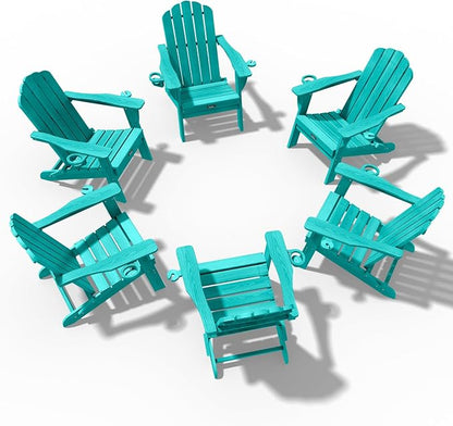 Adirondack Chairs Set of 6, Fire Pit Chairs, Wood Texture Patio Chairs with 2 Cup Holder, Outdoor Lawn Chair, Lakeblue