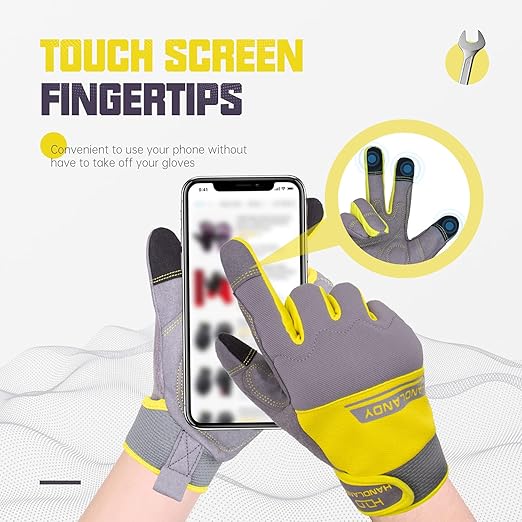 HANDLANDY Work Gloves Mens & Women, Utility Safety Mechanic Working Gloves Touch Screen, Flexible Breathable Yard Work Gloves (Large, Grey&Yellow)