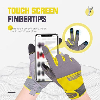 HANDLANDY Work Gloves Mens & Women, Utility Safety Mechanic Working Gloves Touch Screen, Flexible Breathable Yard Work Gloves (Large, Grey&Yellow)