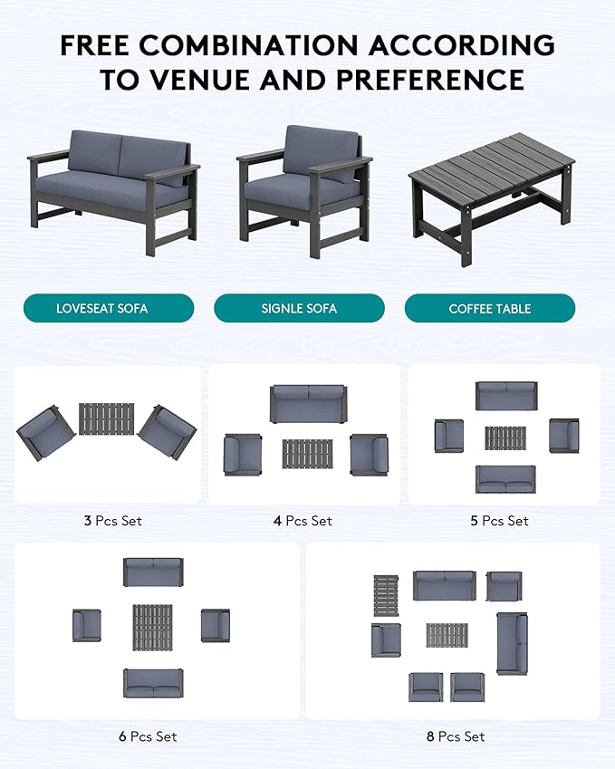 SERWALL 2 Pieces Single Cushioned Sofa Chair, Grey HDPE Outdoor Adirondack Lounge Armchair with Grey Cushion