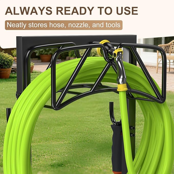 Garden Hose Holder Stand, Heavy Duty Freestanding Hose Holder Rack with 4 Spikes, Holds 150 ft, Outdoor Water Hose Holder for Yard Lawn Garden