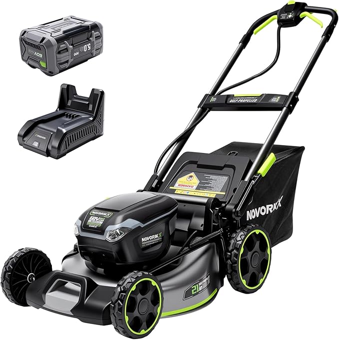 NovorikX 60V 5Ah Self-Propelled Electric Cordless Lawn Mower with 5.0Ah Battery 21-Inch, Brushless Mower for Large Yards, LED Headlight, Rapid Charger 3-in-1 Versatility Obsidian Series