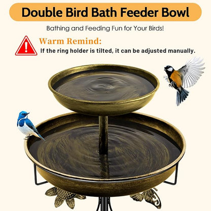 Daoeny Bird Bath for Outside, 42In Vintage Freestanding Birdbaths for Outdoors, Double Metal Bird Bath Feeder Bowls for Garden Patio Yard Lawn Decor, Upgraded 5-Pronged Base (Antique Golden)