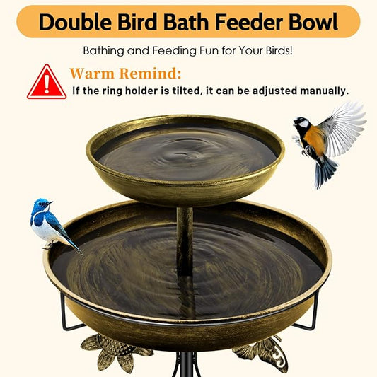 Daoeny Bird Bath for Outside, 42In Vintage Freestanding Birdbaths for Outdoors, Double Metal Bird Bath Feeder Bowls for Garden Patio Yard Lawn Decor, Upgraded 5-Pronged Base (Antique Golden)