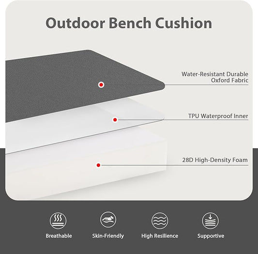 Favoyard Outdoor Bench Cushion 42 x 18 Inch Waterproof Patio Furniture Cushions 3-Year Color Fastness Garden Sofa Settee Couch Swing Pads with Handle and Attach Ties, Dark Gray