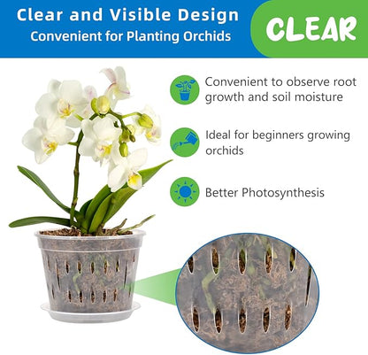 JGB 9 Pack 7 Inches Orchid Pots for Repotting, Clear Orchid Pot with Holes and Saucers, Breathable Slotted Orchid Planters, Plastic Flower Plant Pots Indoor and Outdoor