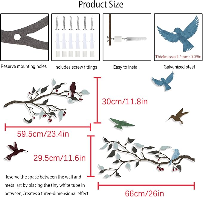 Harikikochuu 4PCS Metal Birds Wall Decor, Birds on the Branch Silhouette Art, Metal Leaves with Bird Outdoor Hanging Wall Sculpture for Home Office Balcony Garden Decor.（Colorful,Hummingbirds）