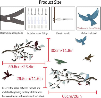 Harikikochuu 4PCS Metal Birds Wall Decor, Birds on the Branch Silhouette Art, Metal Leaves with Bird Outdoor Hanging Wall Sculpture for Home Office Balcony Garden Decor.（Colorful,Hummingbirds）