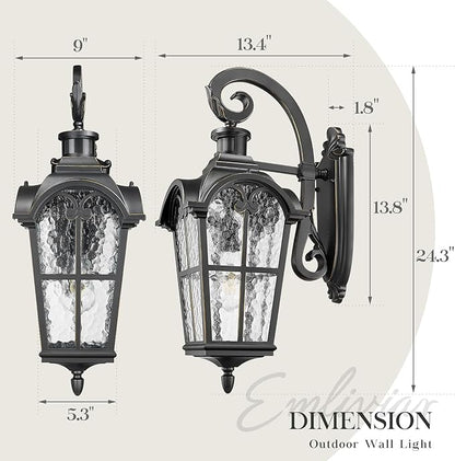 Emliviar 24" Motion Sensor Outdoor Light Fixtures Wall Mount, Aluminum Exterior Porch Light in Black Finish with Gold Edges, Outside Wall Light with Water Glass, WE305BL-SE BG-SW
