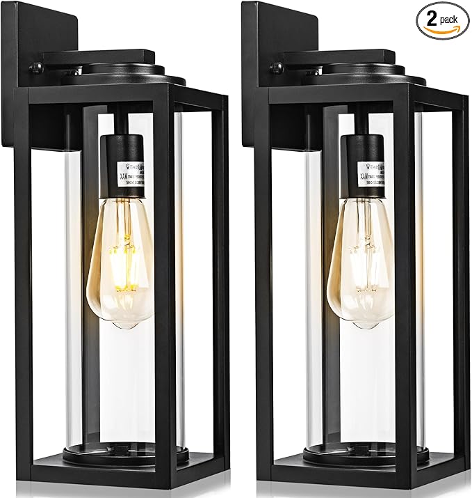 20inch Large Outdoor Wall Lights - 2 Packs Modern Black Exterior Light Fixture with Clear Glass Shade, Waterproof Porch Lighting for House, Farmhouse Sconces Lantern for Front Door, Garage