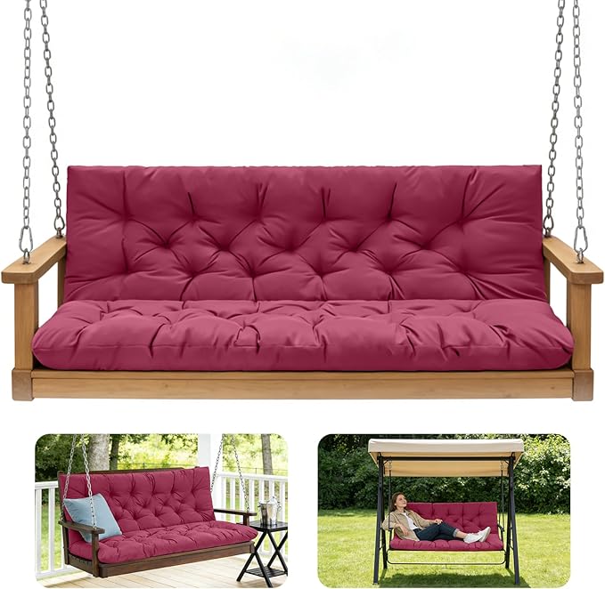 Porch Swing Cushions,Outdoor Cushions 3 Seater Replacement with Backrest, Waterproof Thickened Bench Cushion with Ties for Porch, Patio,Outdoor, Backyard and Garden (Wine Red 60 * 40 in)